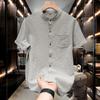 Summer Men's Shirt Short Sleeved Bubble Gauze Stand Up Collar