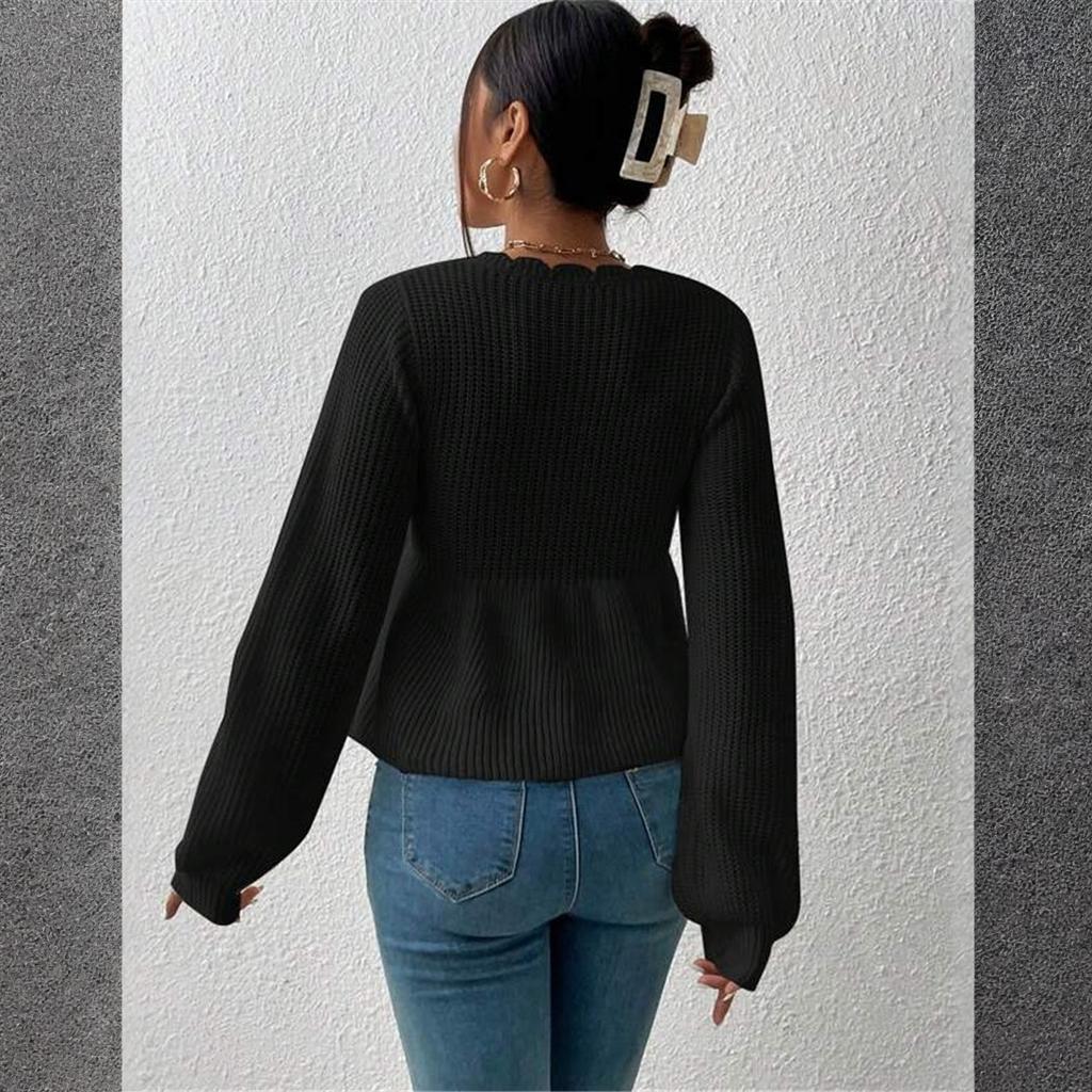 Women's Casual Fashion Loose V-neck Drawstring Ruffled Skirt Knitted Pullover Top