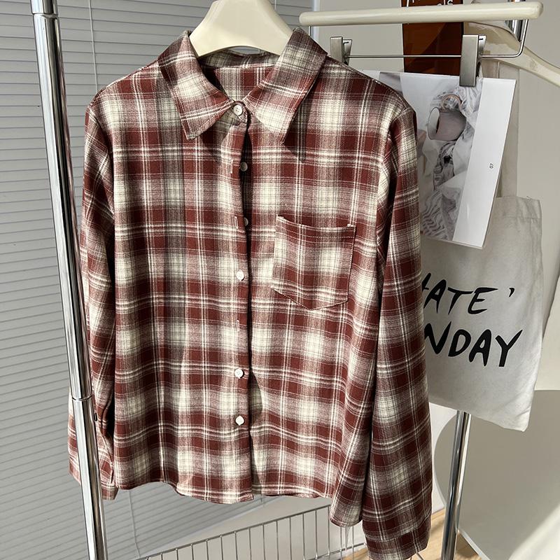 

Женская ретро клетчатая рубашка с начесом, осень/зима, корейский стиль, колор-блок, свободный воротник поло, толстый повседневный топ. M