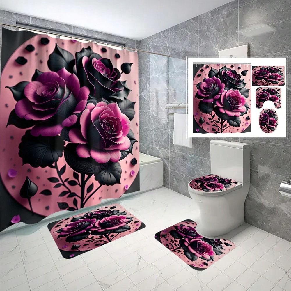 Valentine'S Day Pink Rose Bathroom Set: Bath Curtain, Toilet Lid Cover, U-Shape Rug, Bathroom Accessories