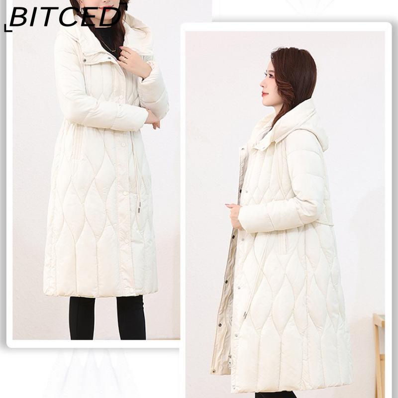BITCED Women's Long-Length Winter Coat with Hood and Drawstring Waistband Fitted and Flattering Silhouette for a Slimming Effect