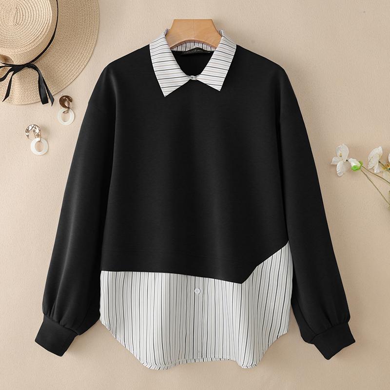 ZANZEA Women Stripe Splice Turn Down Collar Long Sleeve Thin Pullover Sweatshirt