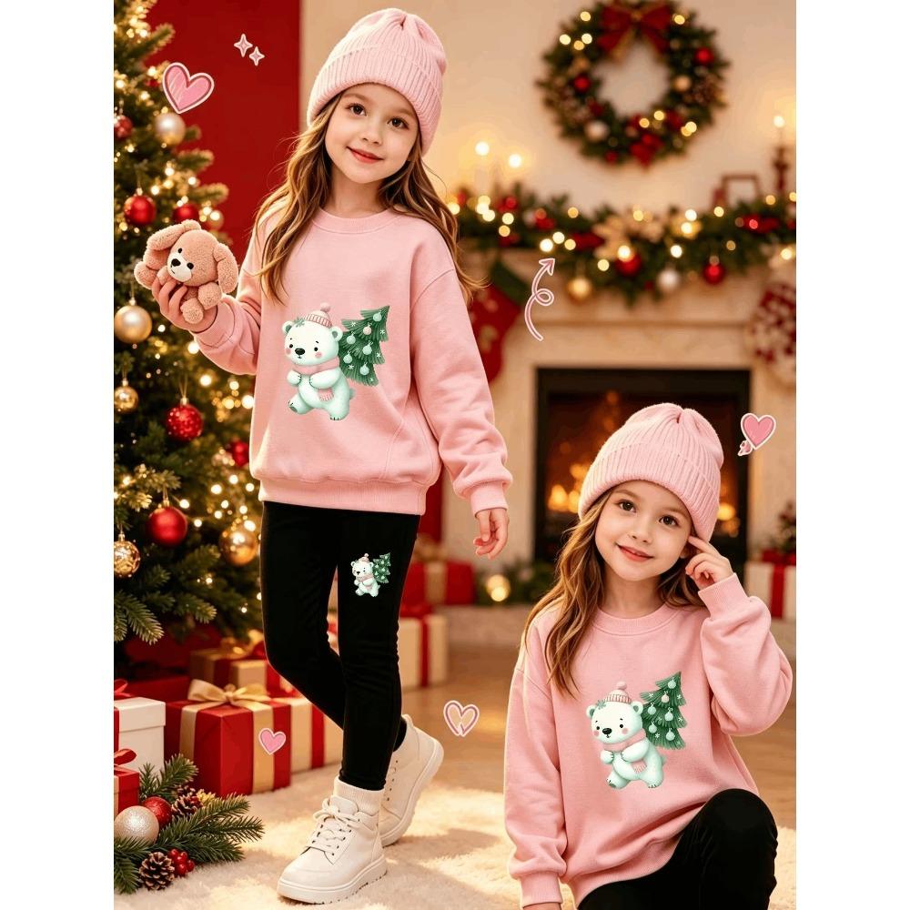 Girls' Christmas Cat Casual Comfortable Soft Loose Pullover Sweatshirt and Leggings 2-Piece Set, New Autumn/Winter, Playful, Sweet and Cool Style