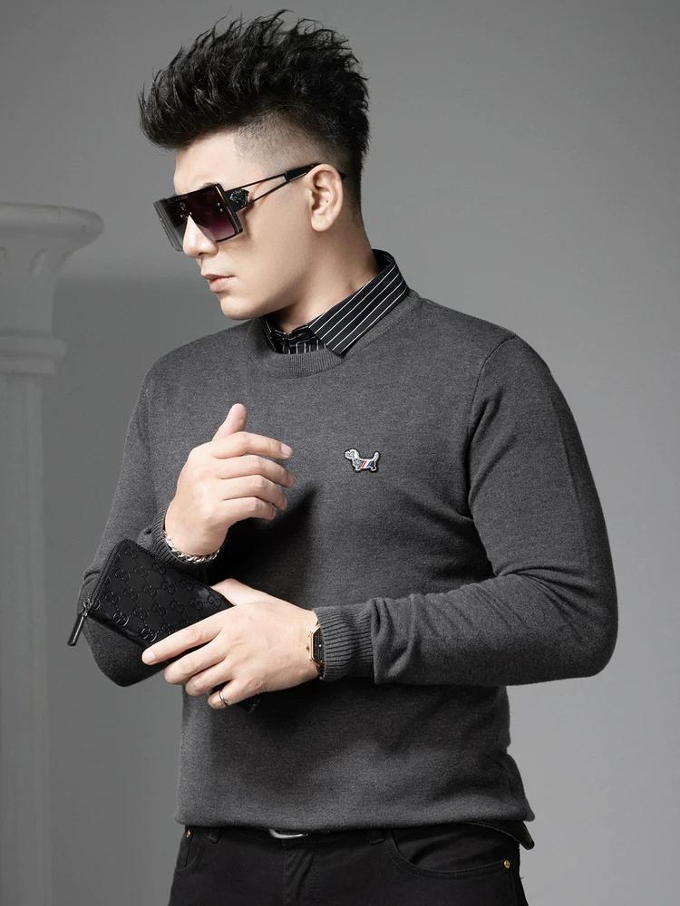 

European Style 2025 New Fake Two-Piece Sweater for Men, Autumn and Winter Trendy Brand Badge Shirt Collar Knitwear Men s Sweater 2XL темно-серого