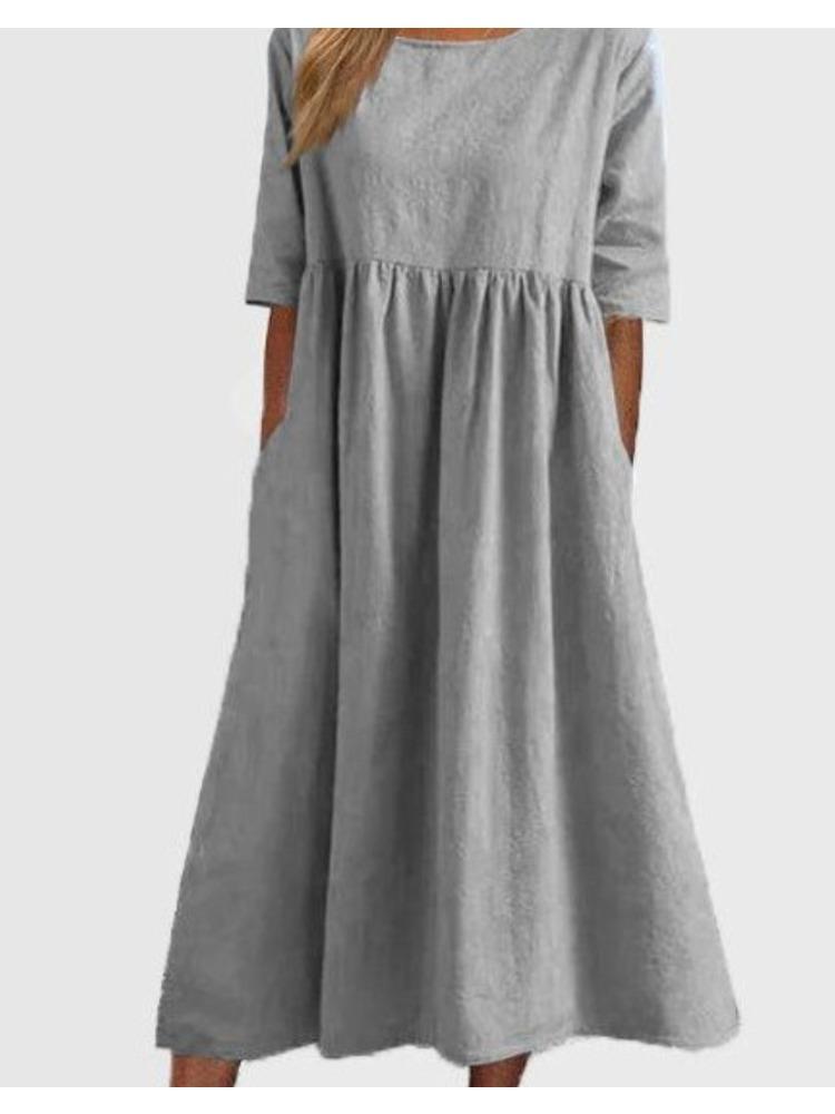 Plus Size Round Neck Solid Pleated Pocket Loose Casual Midi Comfortable Dress S-5XL Lightweight Recognition Elegant with Flattering Chic Dress