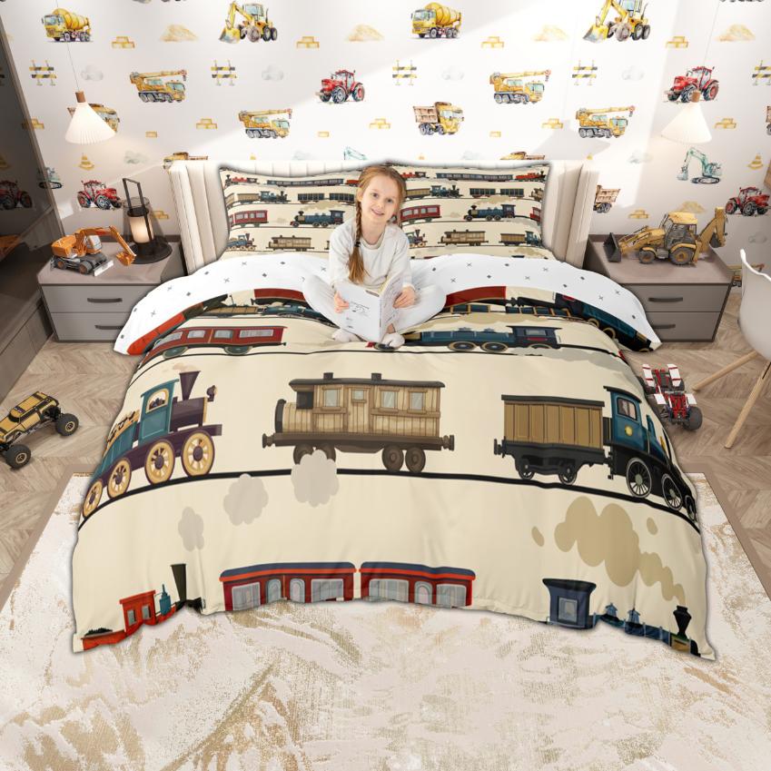 Homewish Zestaw poszewki na kołdrę dla dzieci z kreskówkowym samochodem 2 szt./3 szt., Urocza pościel z motywem pociągu, ciężarówki, traktora, Pościel z motywem transportu