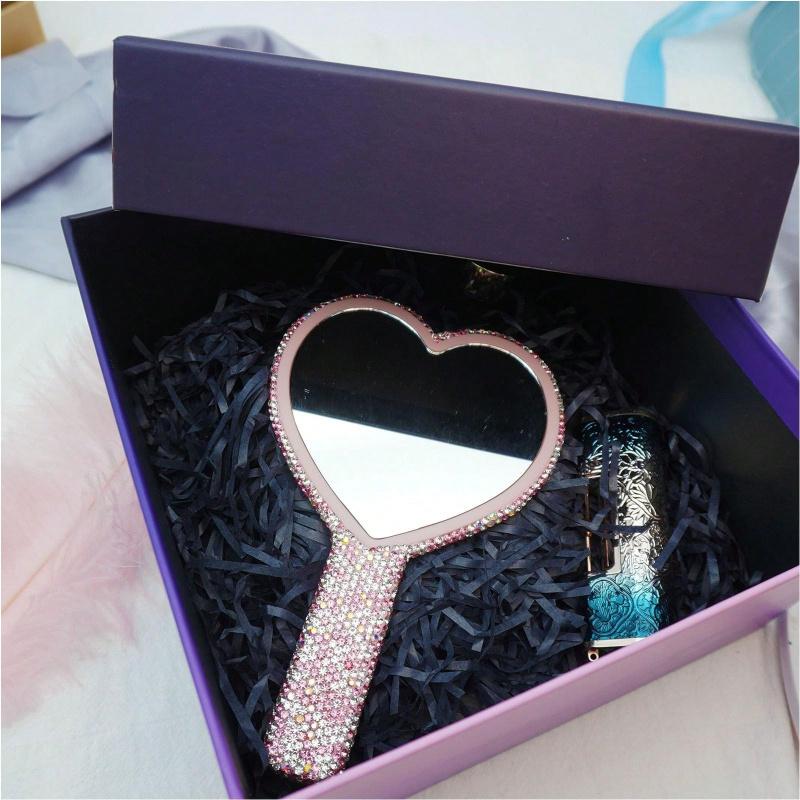1 Pack Strass Herz Spiegel Handspiegel Rosa Bling Handspiegel mit Griff Glitzer Kosmetik Schillernder Spiegel