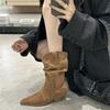 Suede Pointed Coarse Heel Medium Heel Short Boots Medium Boots High Heel Pile Boots Western Cowboy Boots