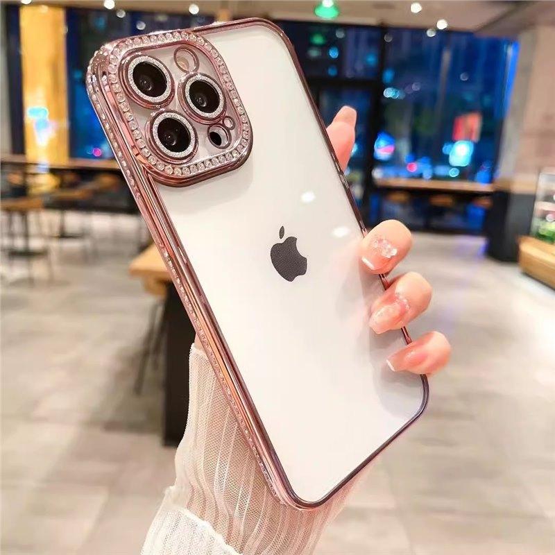 Applicable To Apple 17 Mobile Phone Case Glitter Rhinestone iPhone16Pro Electroplated Lens Film Anti-drop Transparent Protective Case