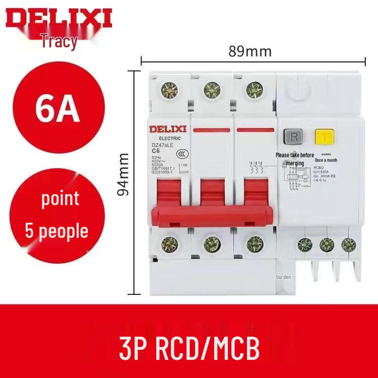 Delixi DZ47SLE 3-Phase Earth Leakage Circuit Breaker with 3P Protection, 380V