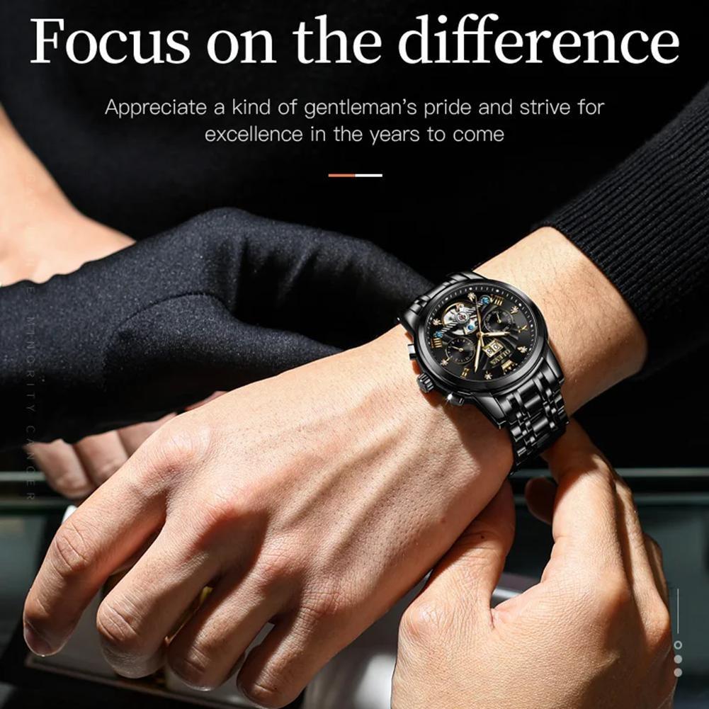 OLEVS Luxury Gold Tourbillon Mechanical Watch for Men Stainless Steel Waterproof Luminous Date Business Mens Watches