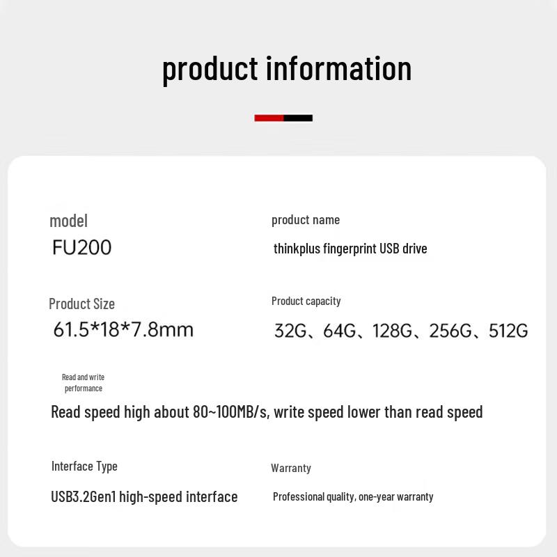 Lenovo ThinkPlus FU200 Fingerprint Encrypted USB 3.2 Flash Drive