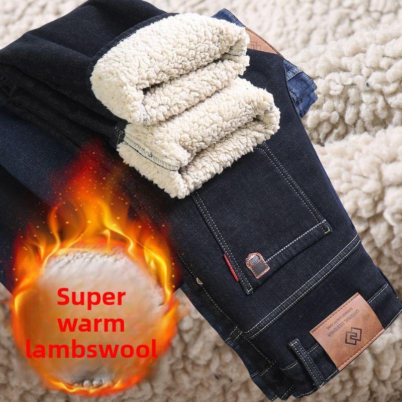 Winter Lamm Fluff Denim Gerade Hosen Männer Verdicken Große Größe 40 Jeans Hohe Taille Stretch Jeansy Fleece Gefüttert Warm