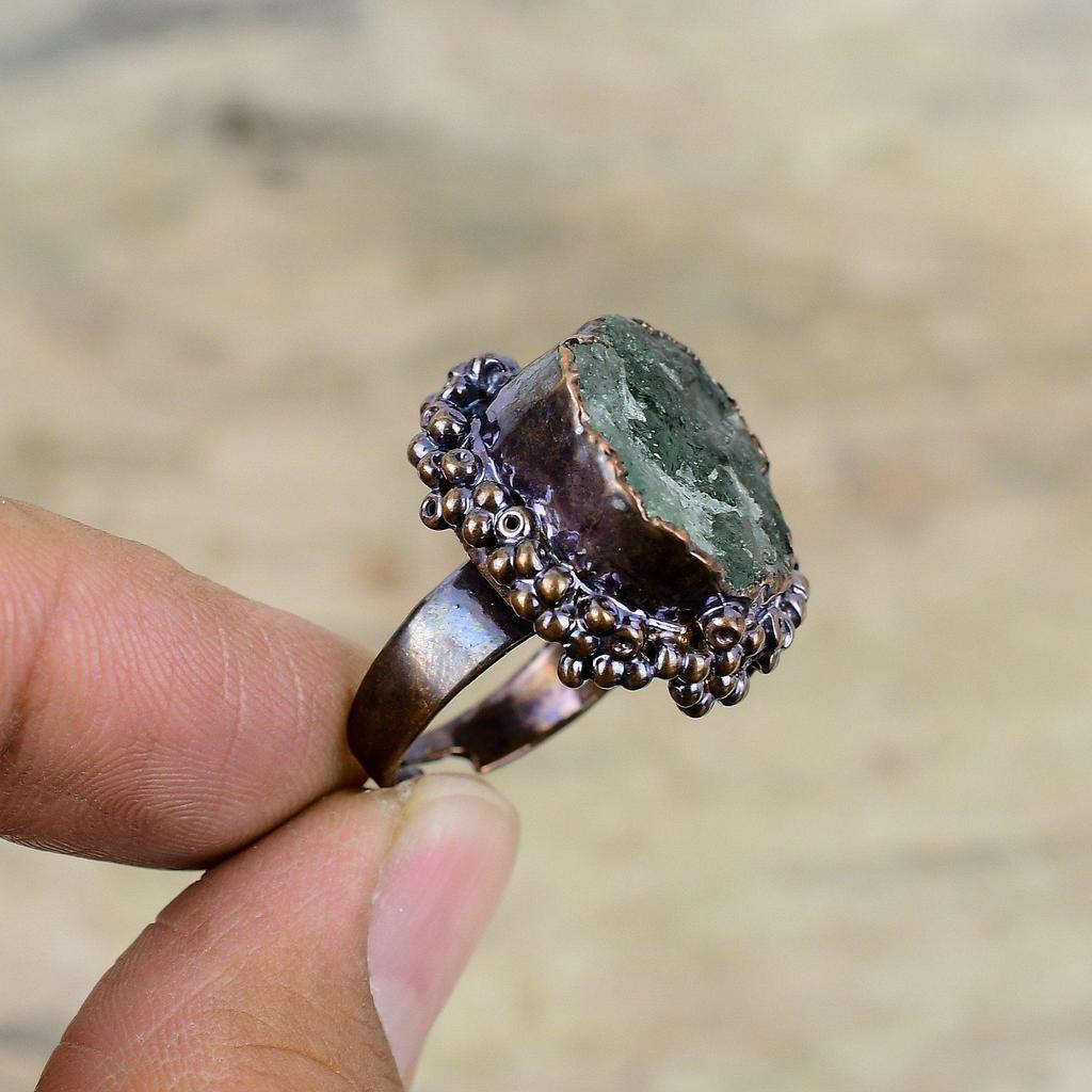 Green Tourmaline Rough Ring Electroformed Copper Adjustable Ring Gemstone Copper Jewelry Handmade Unique Ring Electroformed Jewelry For Gift