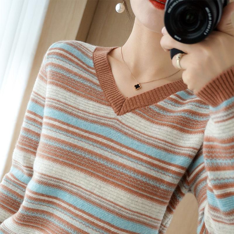 Autumn Winter Base Knitted Sweater Elegant Rainbow Knitting Tops Women All Match Casual Knitwear Long Sleeve Stripe Sweaters Thick Pullover