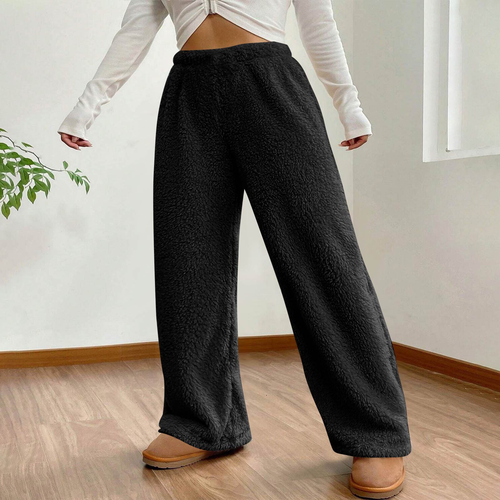 

Женские осенне-зимние однотонные модные брюки на флисовой подкладке, повседневные брюки свободного кроя, удобные флисовые брюки L чёрный