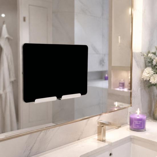 Universal Tablet Dock Acrylic Wall Mount Holder, Mounted Smartphone Stand, Kitchen Cable And Charging Hole Organizer for Living Room Office