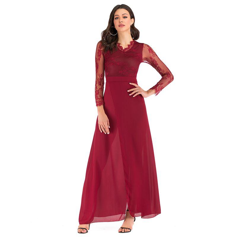 

Весна Новая Женская Одежда Стиль Европейской Станции Сексуальное Однотонное Кружевное Вечернее Платье Платье с Длинным Рукавом Сексуальное Платье Burgundy S