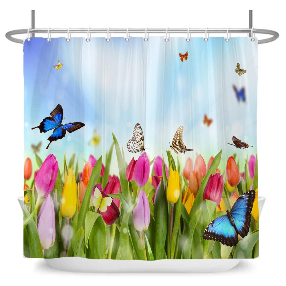 Natural Flowers Butterfly Shower Curtain Morden Art Floral Girl Waterproof Fabric Bathroom Curtain Room Decor Curtain With Hooks