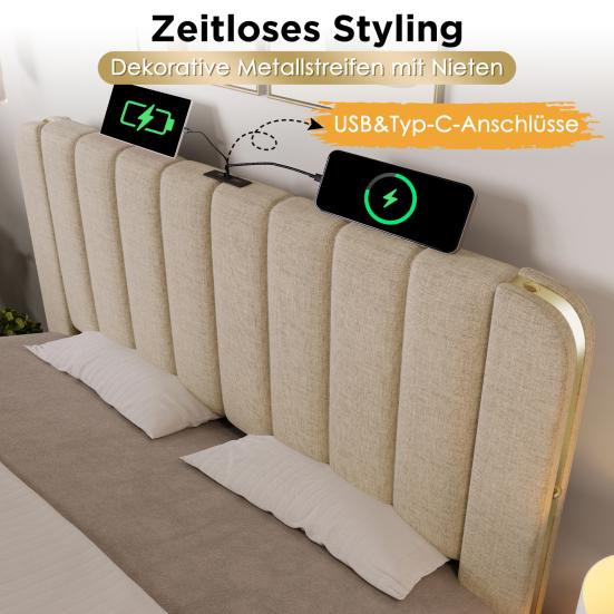 USB Charging Bed Upholstered Double Headboard with Golden Trim Type-C Function Storage 180x200cm Beige Linen Material 4 Drawers Load Capacity 226kg