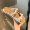 Fashion Summer Women Elegant Bow Square Toe Open Toe Low Heel Sandals Slip on Soft-soled Casual Simple Beach Slippers Sandalias Mujer