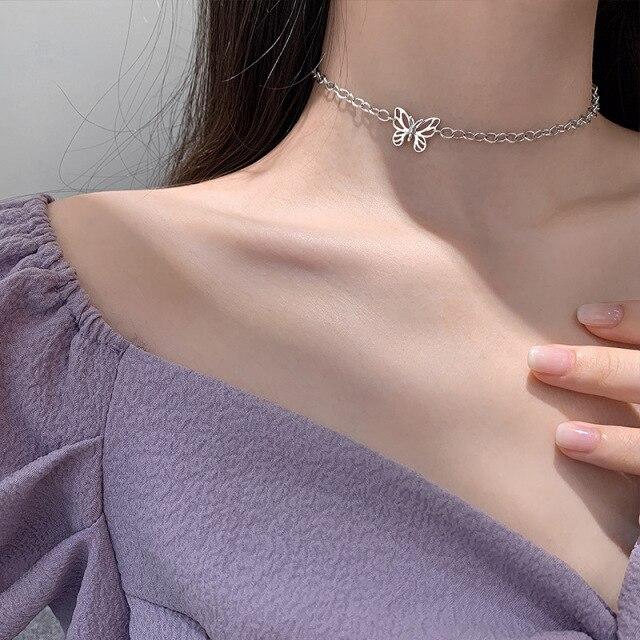 Sterling Tone Butterfly Necklaces Shiny Zircon Stone Clavicle Chain Pendant Necklace Women Jewelry Event Gathering Souvenir GiftTrendy