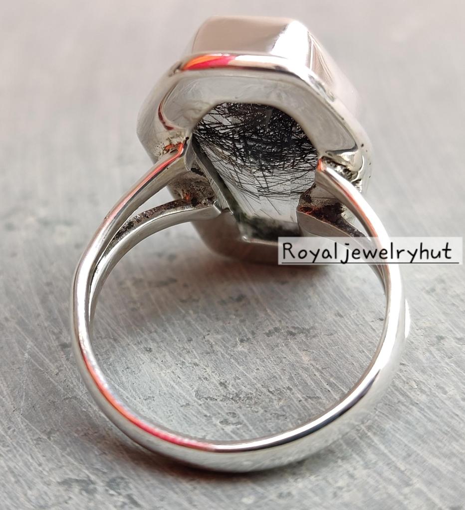 Schwarzer Rutil Sargring, Edelsteinring, 925 Sterlingsilber, Handgefertigter Schmuck, Boho-Ring, Damenring Geschenk für Sie
