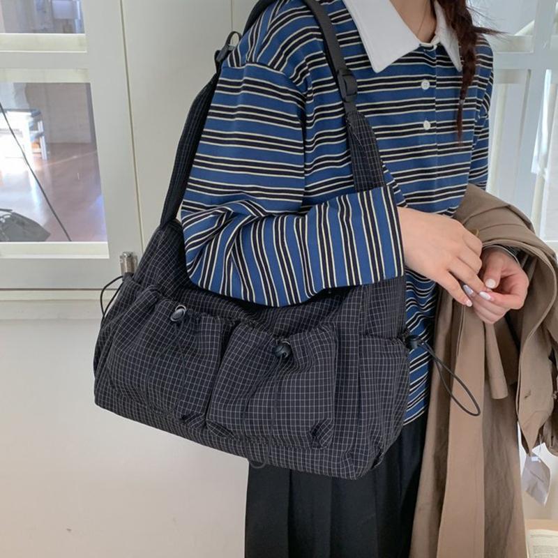 Korean Plaid Canvas Crossbody Bag Large Capacity Casual Shoulder Bag Multicolor Tote Bag For Women Commute Striped Messenger Bag