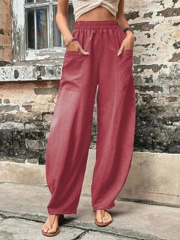 Women's Solid Color Casual Pants with Pockets and Elastic Waist.
