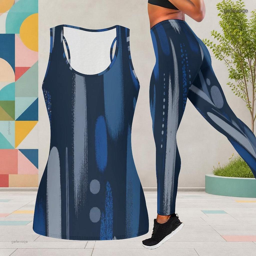 Women Plus Size Two Piece Set Scoop Neck Sleeveless Dark Blue Beige Printed Tank Top Fitted Pants