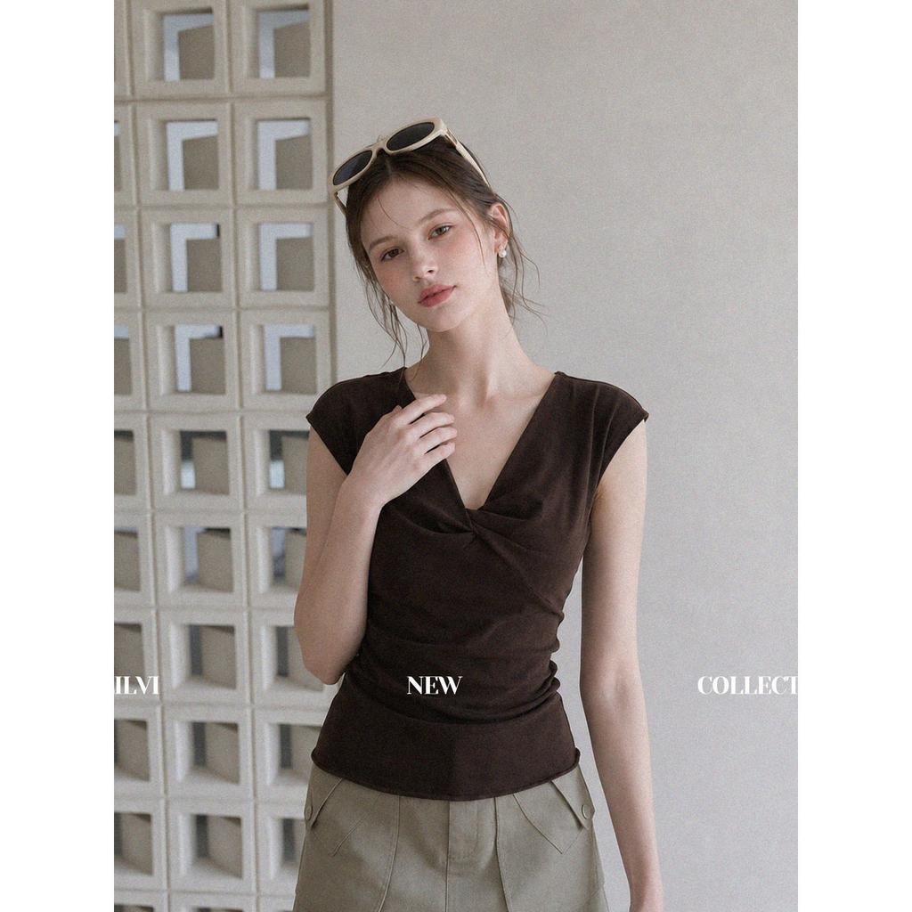 Coffee v-neck kink front shoulder sling vest women's summer new slim-fitting and thin sleeveless top