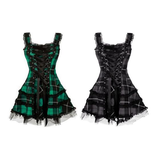 Steampunk Plaid Mini Dress for Women Lace Up Sleeveless A-Line Dress Medieval Renaissance Corset Lace