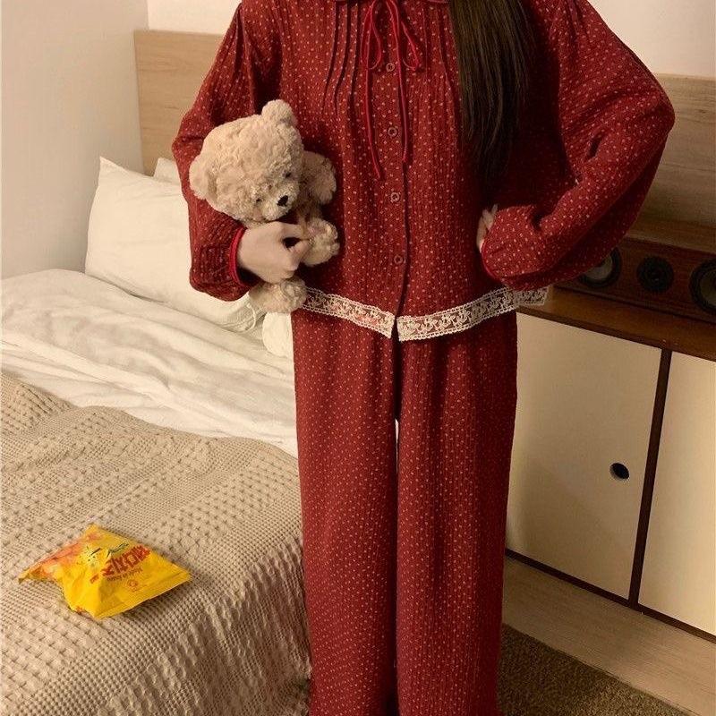 Korean Palace Red Polka Dot Floral Lace Collar Long Sleeve Pajama Set