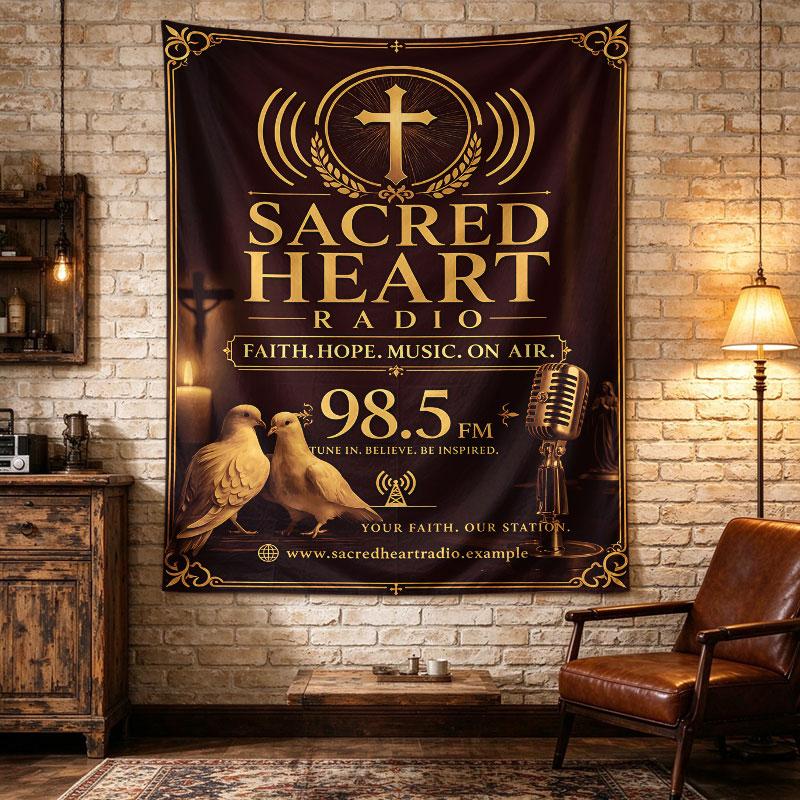 Sacred Heart Radio Vintage Gold Cross Faith Poster Art
