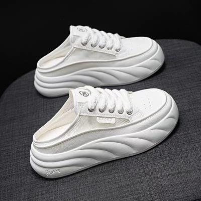 2024 New Summer Breathable Half-tray White Shoes Women's Shoes Thick-soled Outer Wear Lazy Tide Sandals Bag Head Casual Shoes