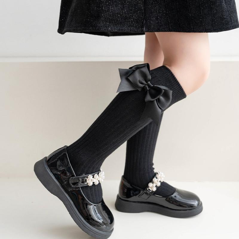 Solid Color Cotton Kids Socks Spring Autumn Children's Lolita Style Large Bow Princess Socks for Girls Soft Knee High Socks