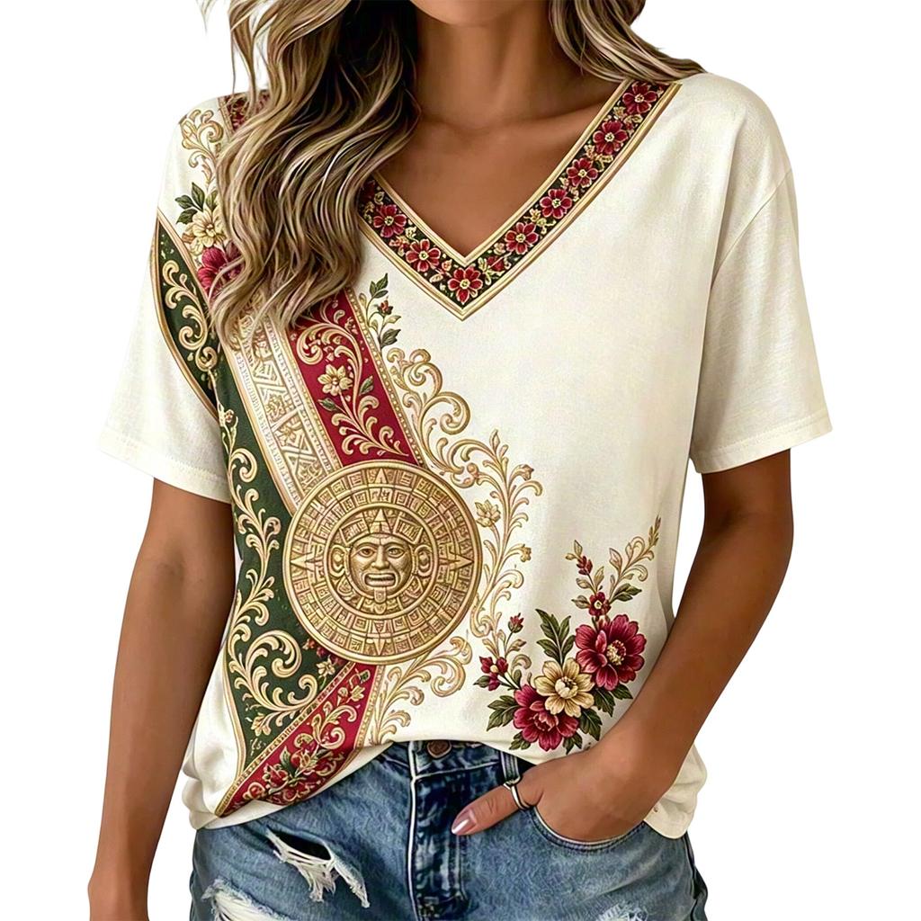 Women's Mexican V-Neck T-Shirt with Soccer Print Short Sleeve Top