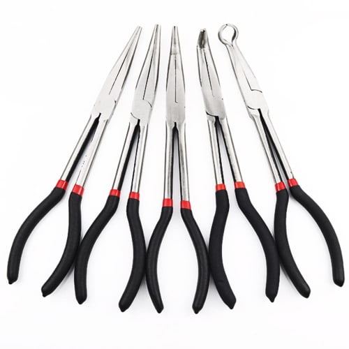 

HIRAISM Long Nose Pliers, Bent Tips: 0, 25, 45, and 90 Degrees, O-Shaped, Set of 5