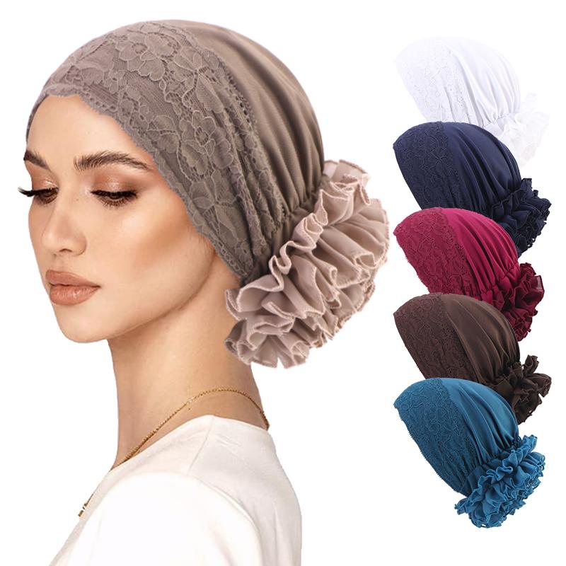 Lace Flower Head Scarf Turban Hat for Women Solid Color Islamic Headwear