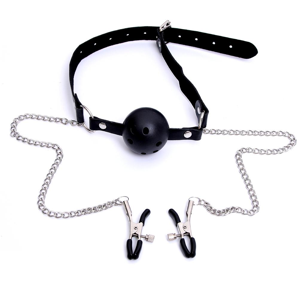 Erotic Toy PU Leather Mouth Gag Ball Oral Sex with Chain Clip Breast Nipple Clamps Fetish Bondage Harness Sex Toys Adult Games