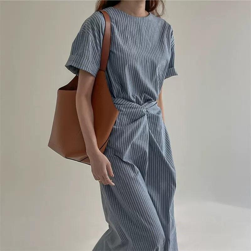 Johnature Korean Lazy Retro Striped Lace-up Waist Dresses Summer Women O-neck Short Sleeve Loose Casual Dresses