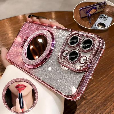 Luxury Diamond Clear Glitter Magsafe Phone Case For iPhone 17 Pro Max 16 11 14 13 12 15 Pro Max Magnetic Holder Stand Soft Cover