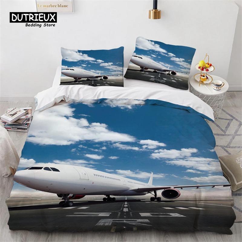 Boys Airplane Duvet Cover King Queen Polyester Aviation Aircraft Runway Bedding Set Sky Scenery Bedspread Cover with Pillowcase Gift