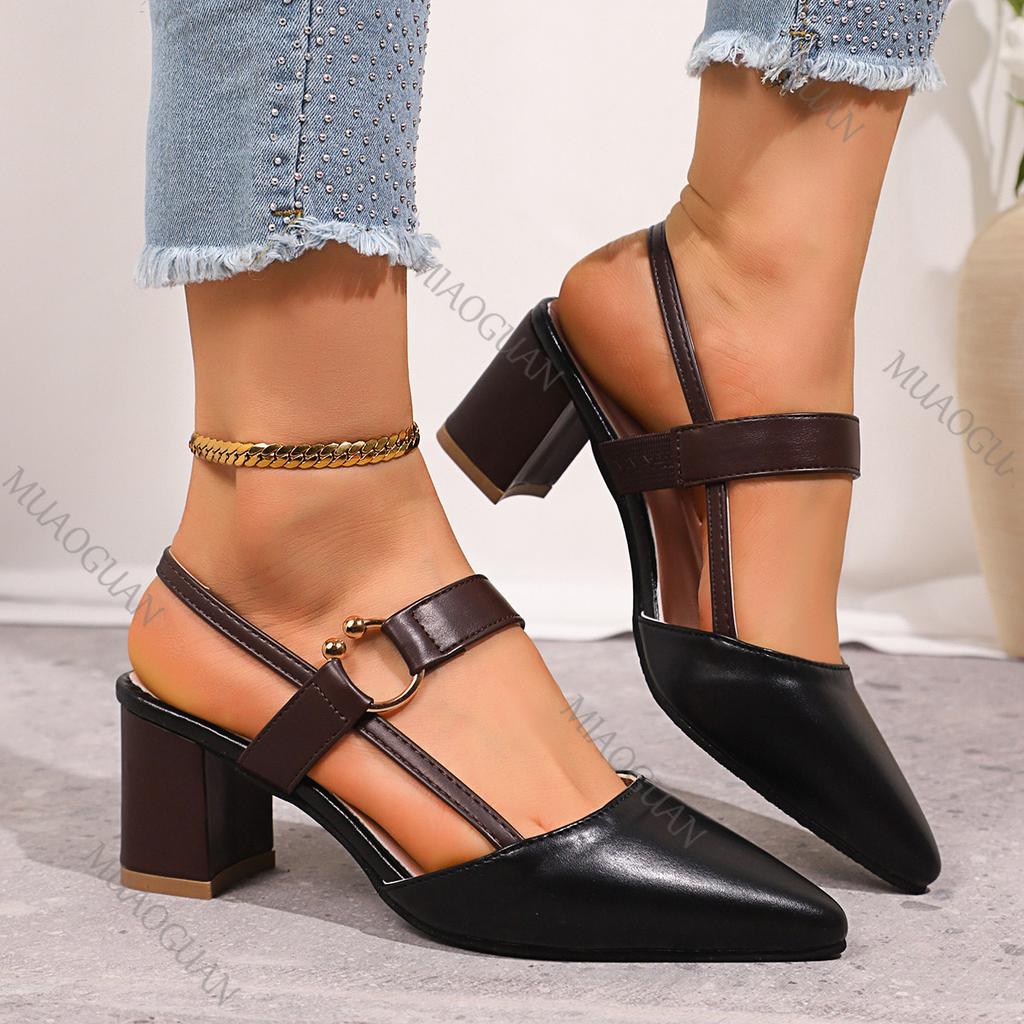 Fashion Women's Pointed Toe Block High Heel Sandals Summer Fashion Mixed Color Back Strap Pumps Fashion Ladies Chunky Heels Dress Shoes