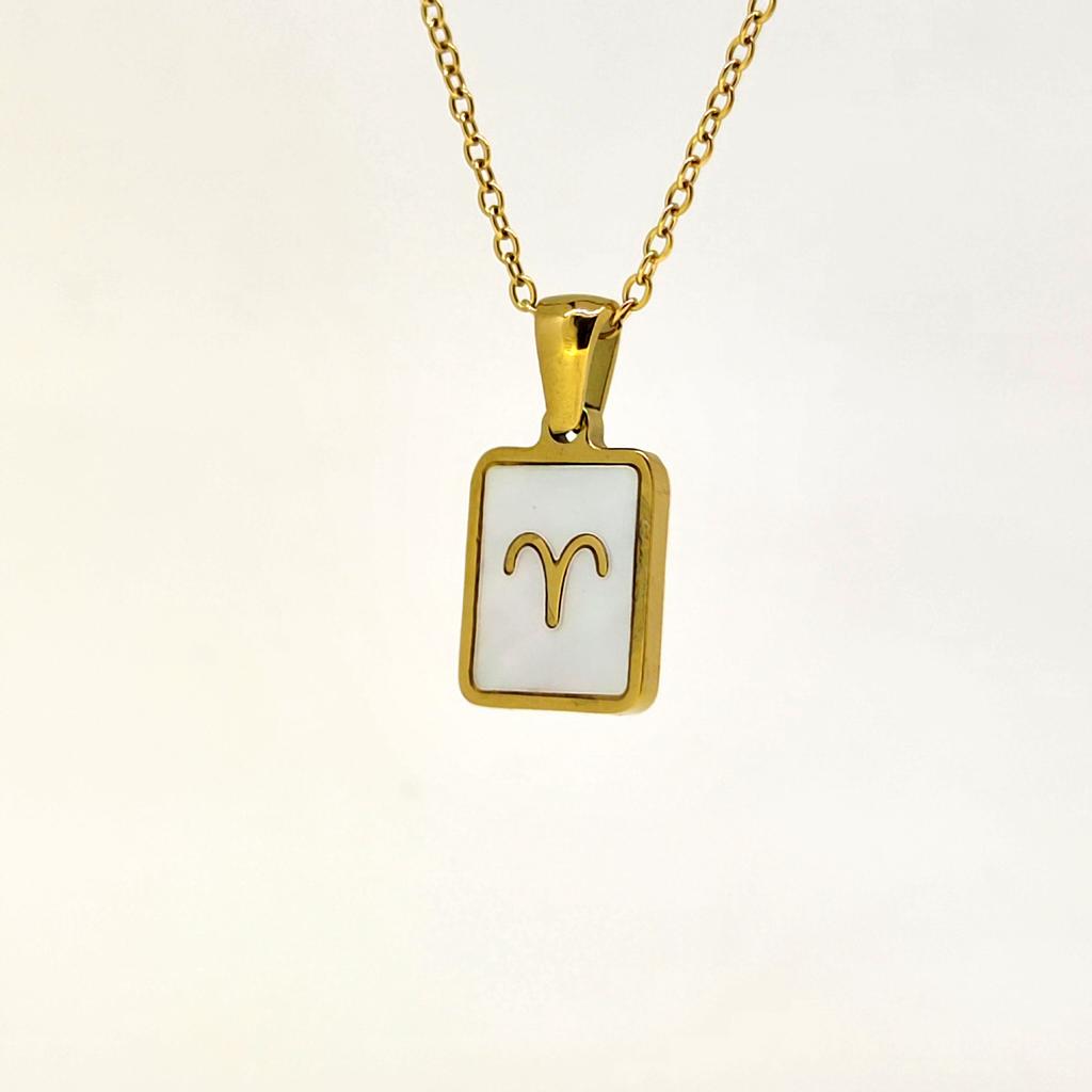 1pc Shell Zodiac Sign Necklace, Stainless Steel Square Pendant With White Shell, Perfect For Women