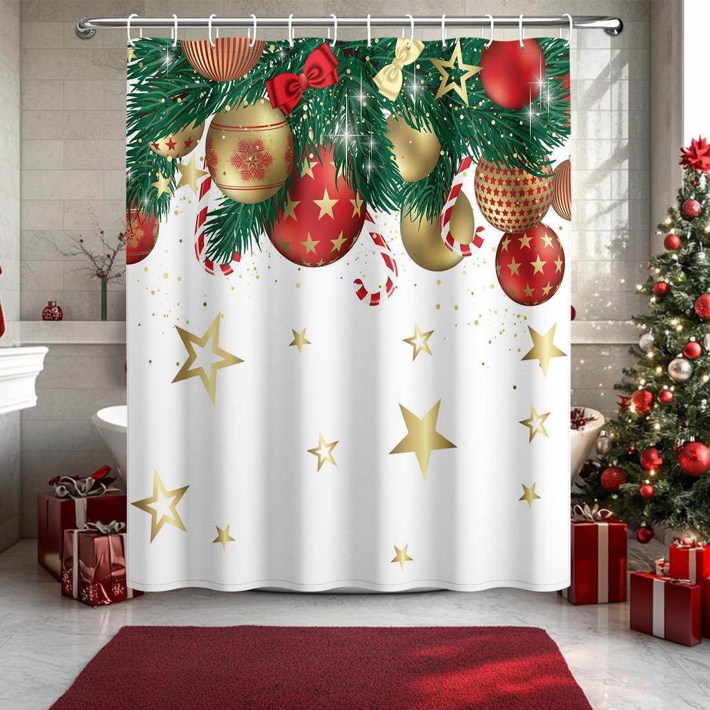 Christmas Shower Curtain Xmas Balls Shower Curtains For Bathroom Decorations Pine Trees Stars Bathroom Curtain Christmas Holiday