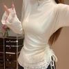 Women's Fall/Winter Apricot-Colored Lace-Trimmed Patchwork Tank Top, High-Neck Long-Sleeve T-Shirt, Slim-Fit Fleece-Lined Underwear Top