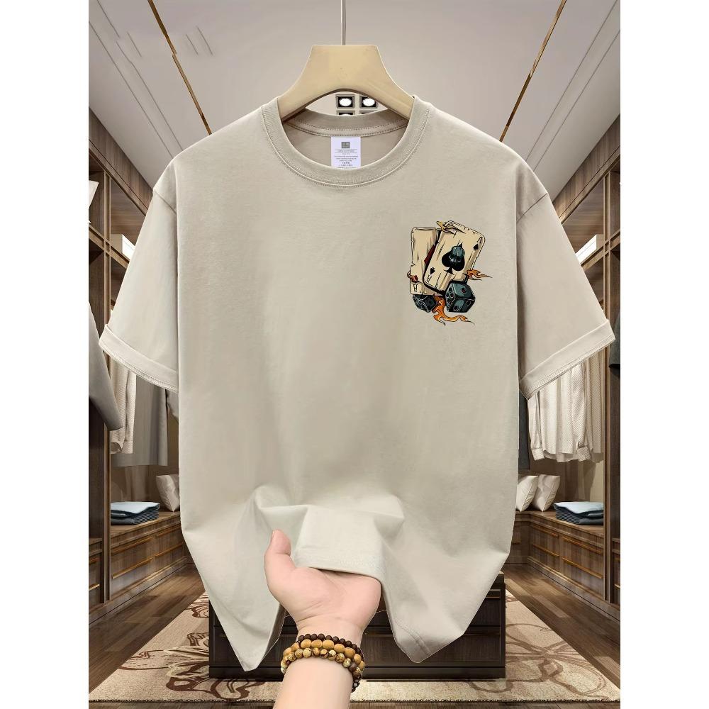 Men's summer 100% pure cotton fashionable casual loose creative poker and dice printed sports round neck short sleeved T-shirt