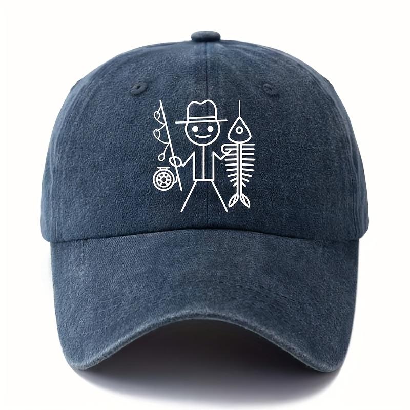 Printed Cartoon Man Fishing Baseball Cap, Outdoor Curved Brim Cap, Truck Driver Cap, Vacation Travel Camping