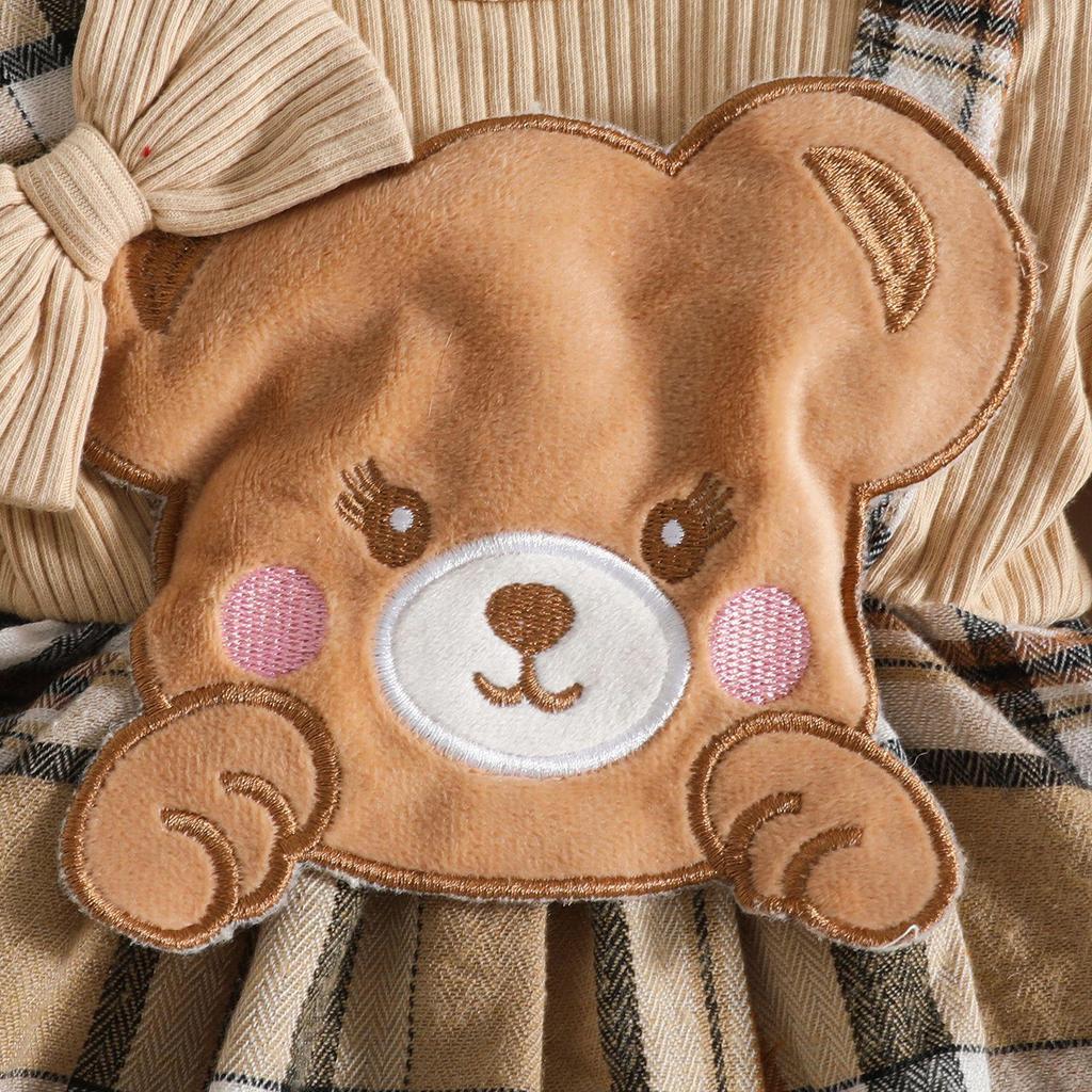 Baby Girl Cartoon Bear Plaid Patchwork Jumpsuit with Fake Straps and Long Sleeves - Autumn/Winter Trendy Outfit